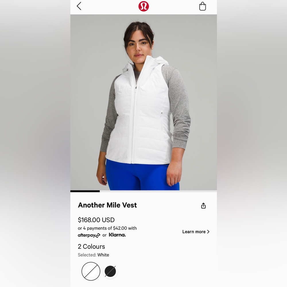 Lululemon another mile vest, white, size 12